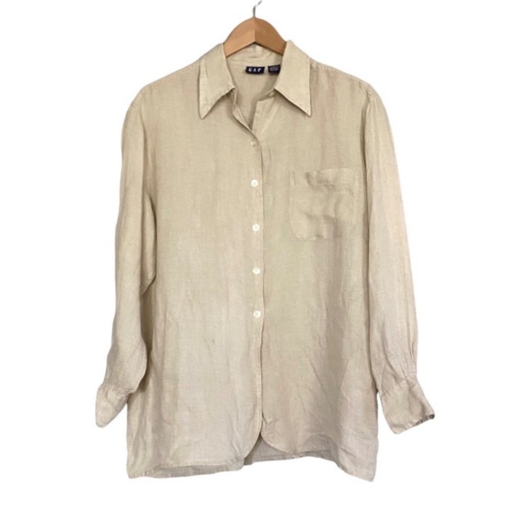 Vintage 90s Gap Tan Linen Button Down Shirt Natural M Coastal Grandma Oversized